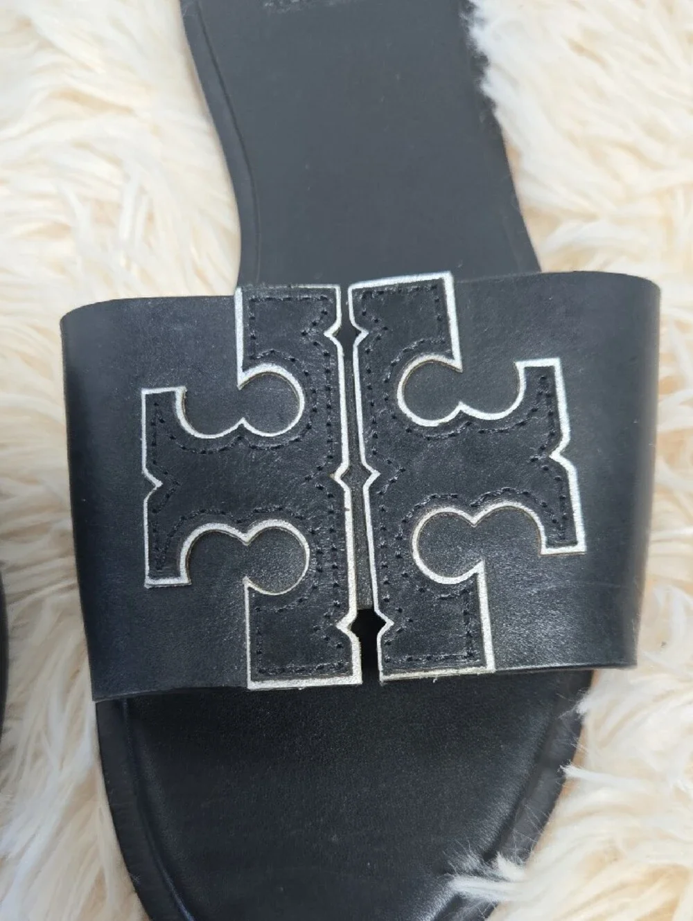 EUC Tory Burch Black Slide Sandals with Silver Logo Trim